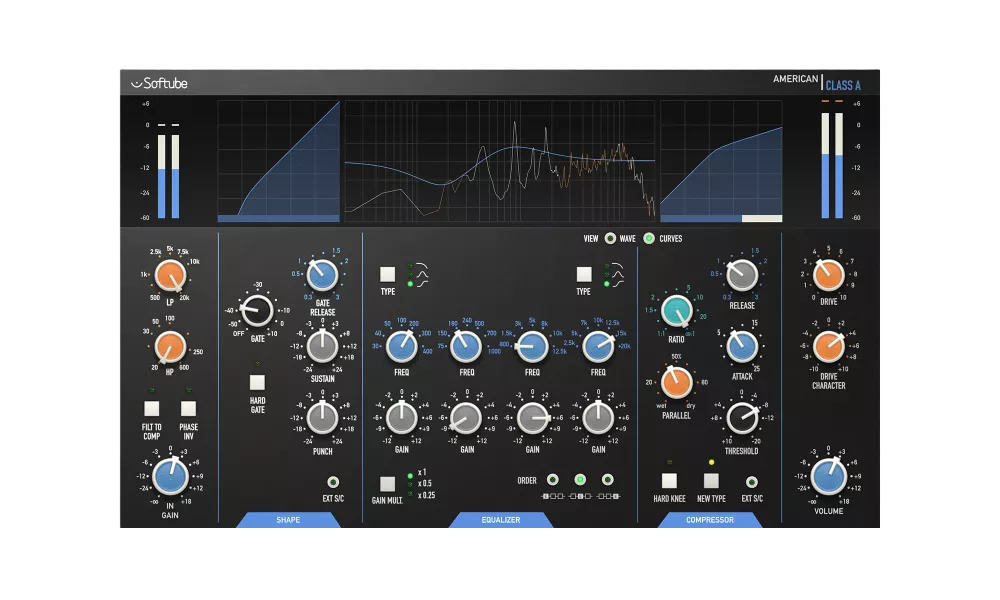 Console-style American channel strip with EQ, flexible compressor, gate/transient shaping, and output drive.