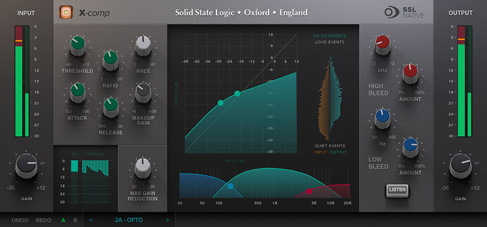 Versatile mastering-capable stereo compressor with vintage and modern compression characters and advanced sidechain options.