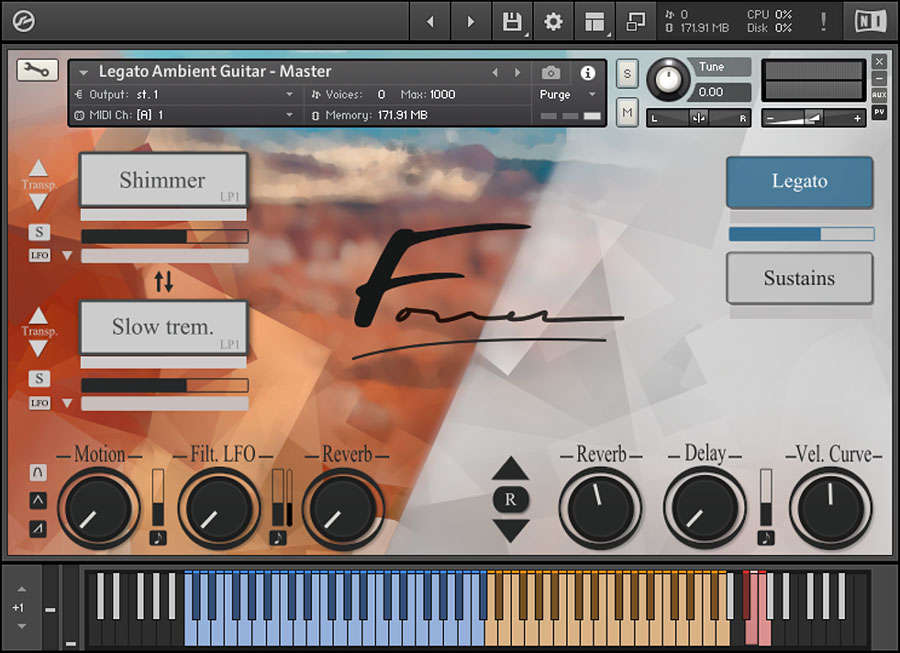 Playable, sampled electric guitar with expressive legato, pads and a Master Patch for ambient and post‑rock textures.