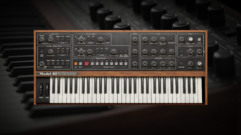 Softube Model 80 Five Voice Synthesizer plugin interface on sale at Plugin Boutique, 69% off until Aug 16