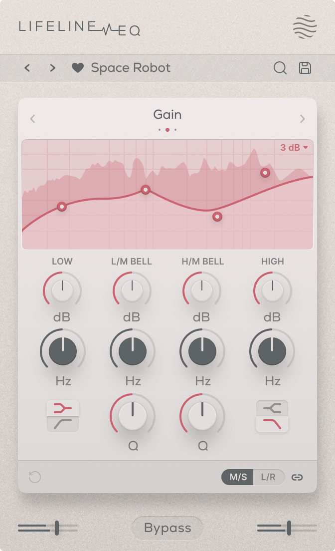Four-band parametric EQ with three circuit modes for clean to saturated tonal shaping and scalable gain ranges.