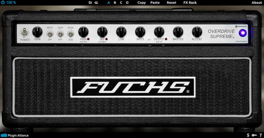 Accurate emulation of the Fuchs Overdrive Supreme 50 with onboard FX, power soak, and cabinet IR Recording Chains.