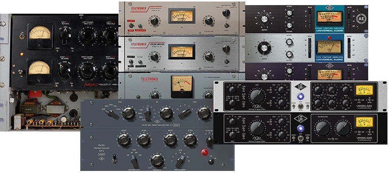 Twelve UA-modeled analog processors for tube warmth, optical and FET compression, and Pultec-style EQ shaping.