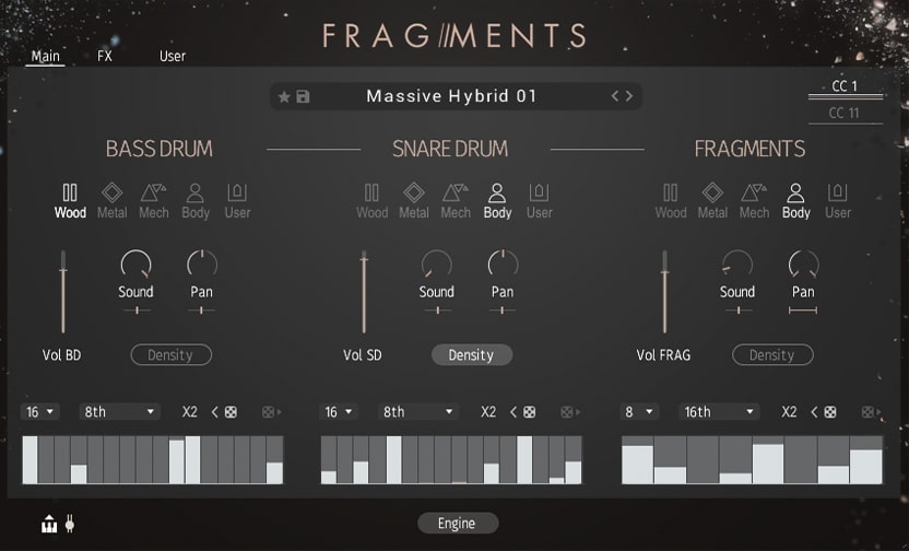 Create intricate, found‑sound percussion patterns with three linked sequencers, layered round‑robins and density-based randomization.