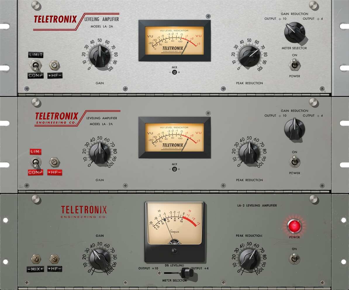 Three authentic LA-2A emulations offering distinct optical compression characters for tracking and mixing vocals, bass, drums, and instruments.