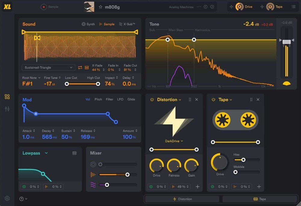 Hybrid sub-synth and sampler for 808s, Reese basses and layered subs with multi-FX and modulation.