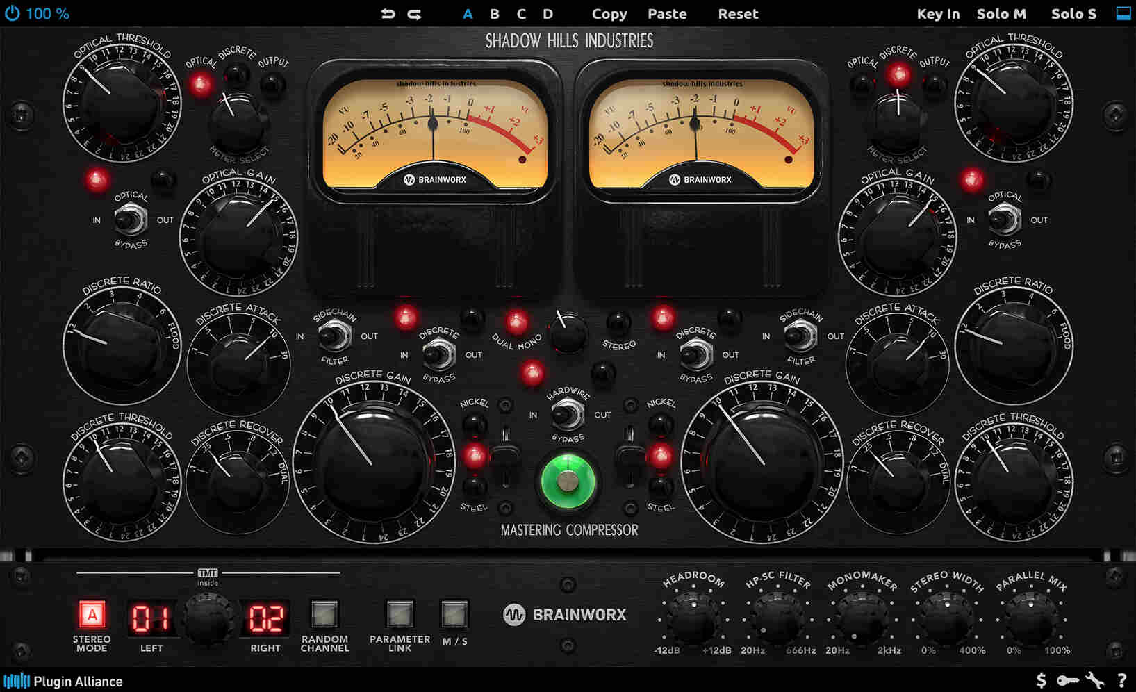 Exacting emulation of the limited Shadow Hills Class A mastering compressor with two-stage compression and M/S processing.
