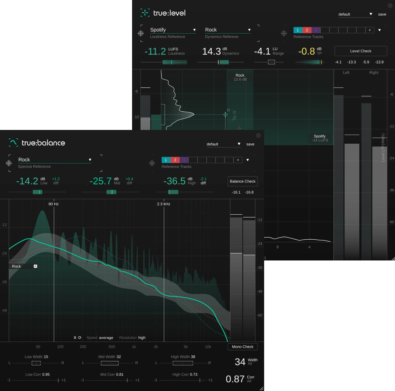 Two metering plug-ins for spectral balance, stereo correlation, loudness, dynamics and true peak monitoring.