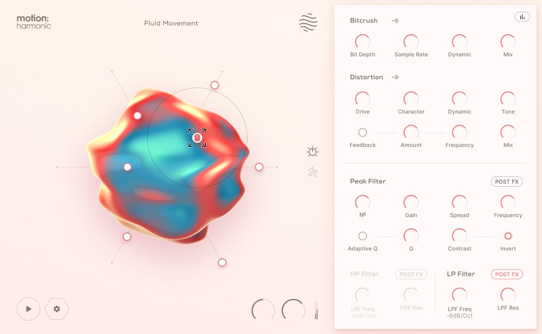 Animated distortion, bitcrush and filter modulation controlled via a six‑axis Hexagon cursor and timeline.