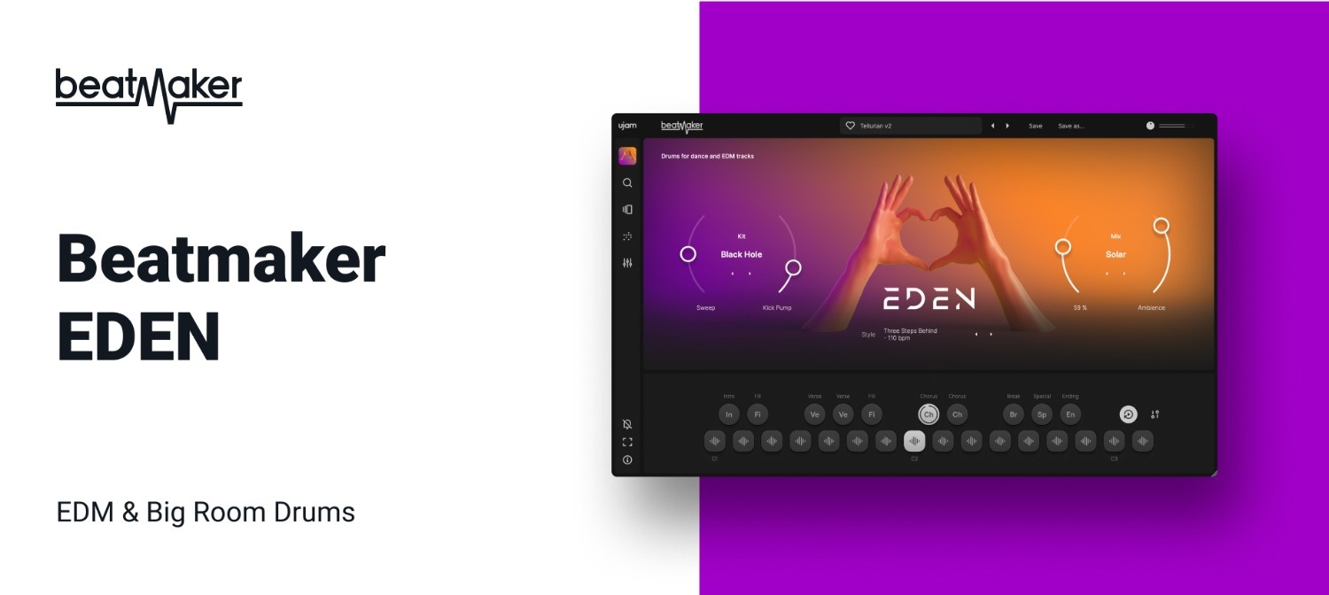 Festival- and club-oriented drum kits, patterns and mixer controls for quick EDM beat production.