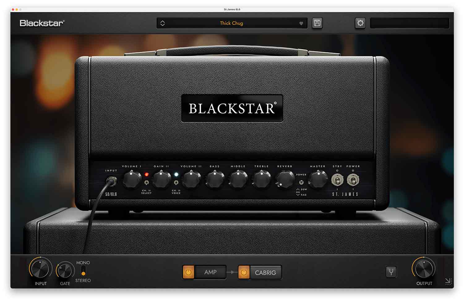 Valve-voiced 6L6 amp with built-in CabRig speaker simulation for low-latency studio and live guitar tones.