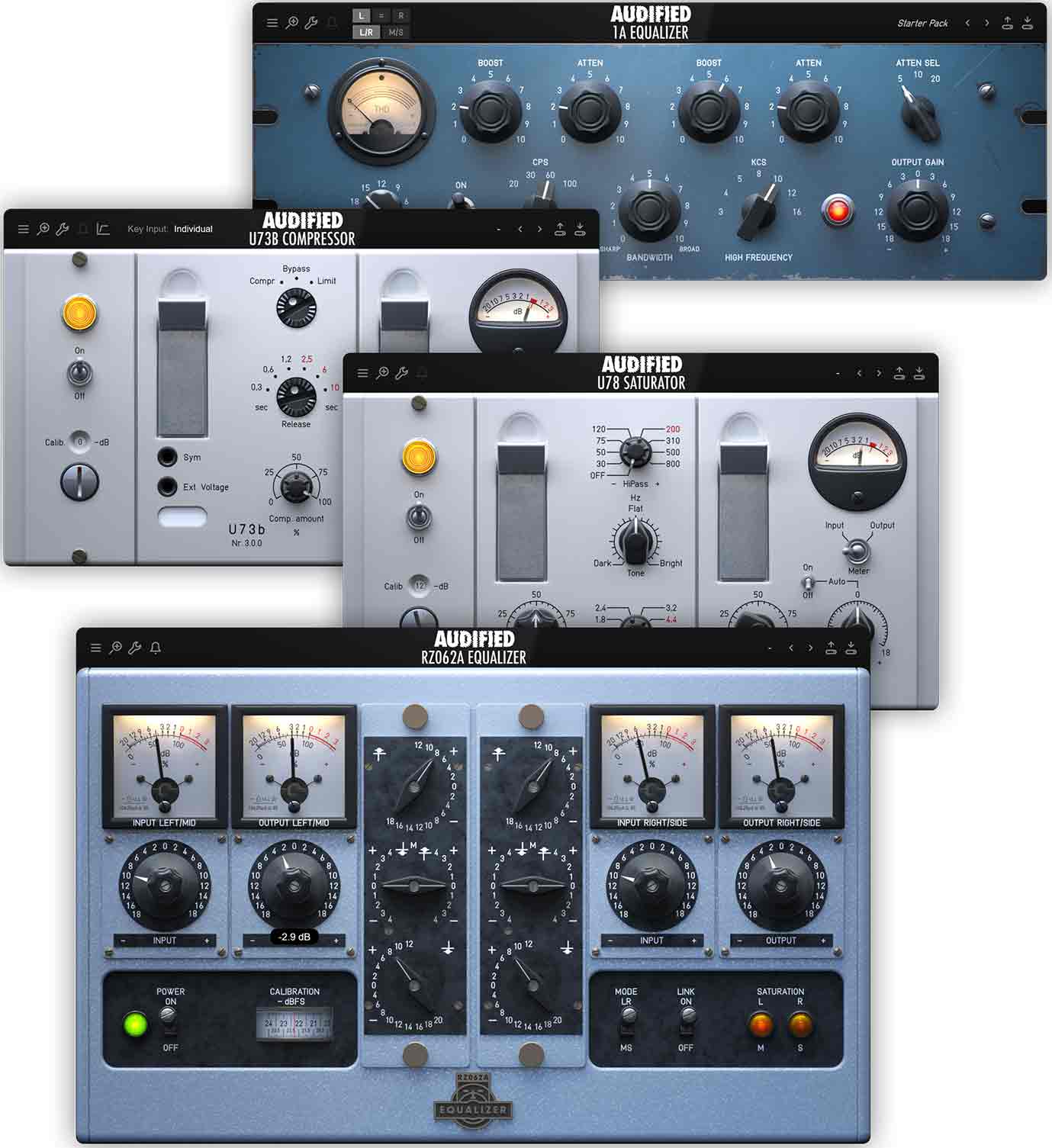 Four tube-modeled plugins for analogue-style EQ, saturation, and broadcast-style compression in mixing and mastering.