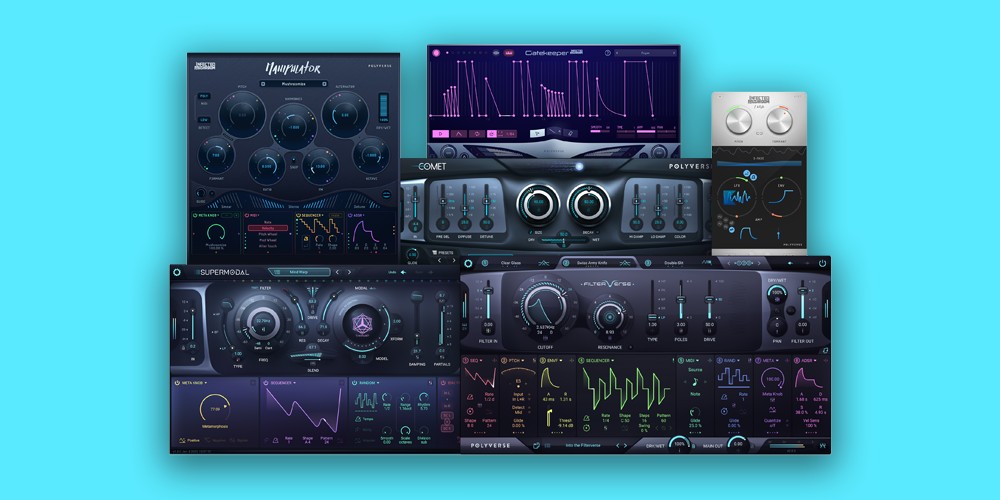 Complete set of Polyverse plugins for creative filtering, vocal transformation, pitch freezing, reverb and rhythmic gating.