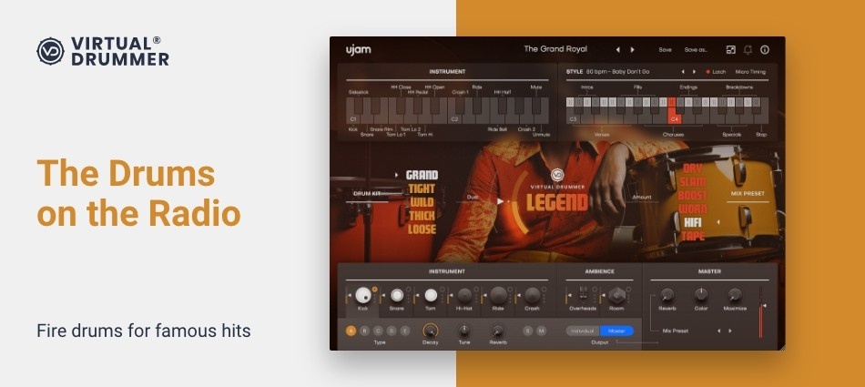 Dry, close‑mic 1970s drum tones with 690 MIDI phrases and Dust/Color mic-simulation controls.