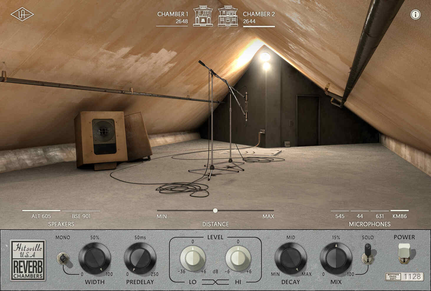 Authentic Motown-style attic reverb with two chambers and real-time mic repositioning.