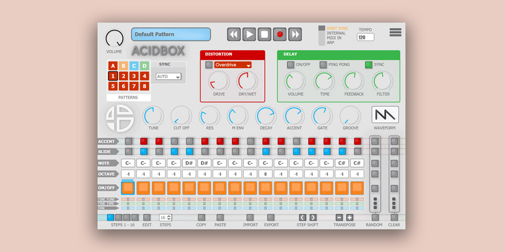 303-inspired bassline synth with live sequencing, pattern import/export and integrated effects.