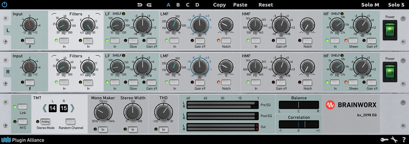 Accurate Amek 9098 EQ model with TMT, M/S controls and adjustable THD for analog-style tone and stereo width.