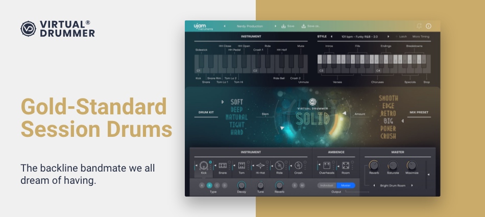 A sample-based session drummer with editable kits, extensive patterns, drag-and-drop phrases and mix controls.