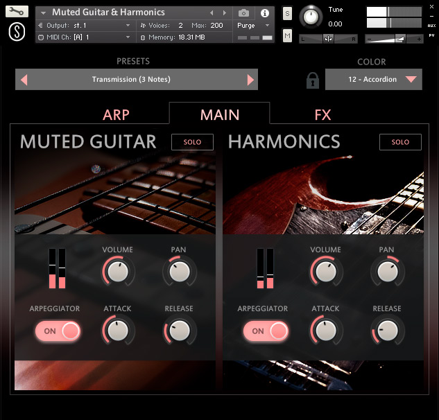 Muted guitar and harmonics in Kontakt with a dual arpeggio engine for modern arpeggios and shimmering pads.