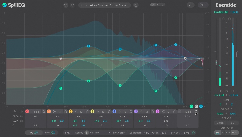 Split audio into transient and tonal streams for independent multi-band EQ, repair, and stereo shaping.