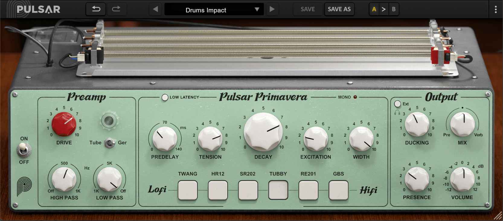 Physical-model spring reverb with six vintage tank emulations, tension/excitation control, saturation, filters and ducking for mixing and creative effects.