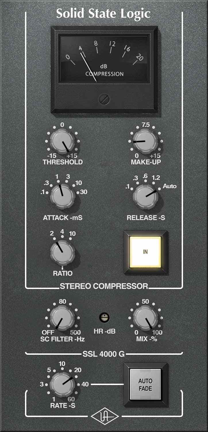 Accurate UAD Native emulation of the SSL 4000 G Bus Compressor for cohesive, punchy mix-bus compression.