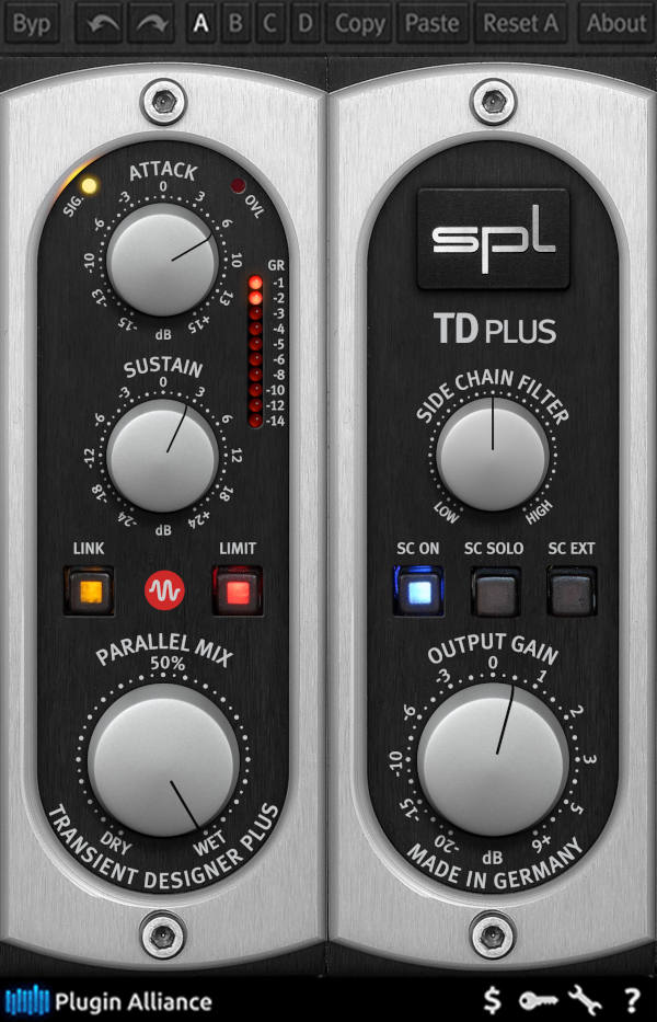 Level-independent transient shaping with separate Attack and Sustain, parallel mix, sidechain, and built-in soft-clip limiter.