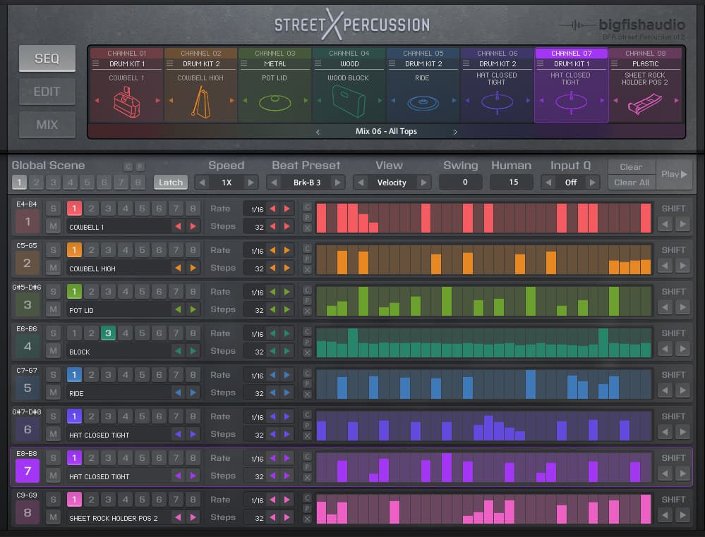 Kontakt library of sampled street percussion with an eight-channel step-sequencer and preset kits.