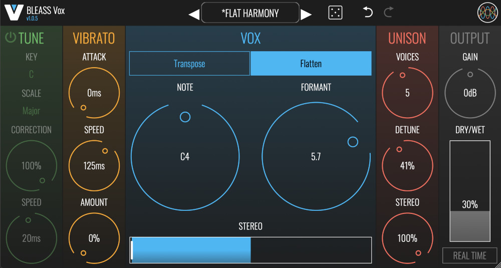 Real-time and studio vocal pitch, formant and unison processing with dedicated vibrato and tuning controls.